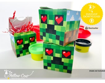 Valentine Treat Box,Instant Download,Green Pixel Valentine Cards,Non-Food Valentines,Printable Creeper Party Favor, Boys Party Favor Box