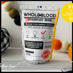 Printable Halloween Prank Blood Bag Tag,Fake Vampire IV Bag Label,Drink Pouch Blood Bag Tag,Funny Kids Halloween Party Trick or Treat