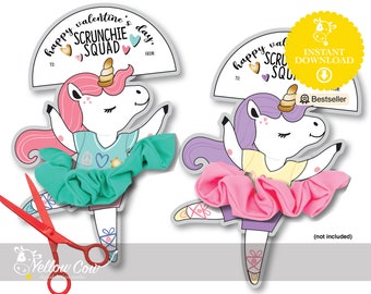 Unicorn Ballerina Valentines,Scrunchie Valentine cards,Instant Download,Unicorn Valentines Card,Non-Food Valentine,Cute,Girly,Party Favor