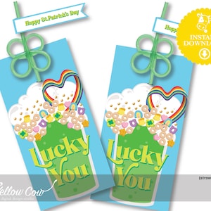 Printable St Patricks Day Straw Gift Topper,Shamrock Green Shake Straw Tag,Lucky Leprechaun Shake Straw Gift Tag,Lucky You Straw Gift Tag