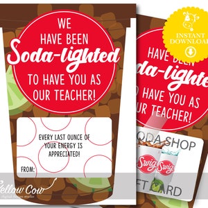 Leraar Soda Gift Card Houder, Afdrukbare Gift Card Houder, Restaurant Gift Card, Soda-lightful Teacher Appreciation, Frisdrankwinkel Eindejaarscadeau
