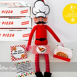 May include: A printable elf on the shelf prop for Christmas. The elf is dressed as a pizza chef with a red hat and shirt, black pants, and a red and white striped skirt. The elf is holding a pizza box and a sign that says "Do you like pizza?"