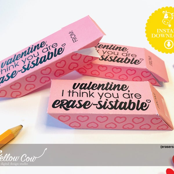 Printable Valentine Eraser Favor Box,Valentines Day Erasers,NonFood Classroom Valentine Treat,School Valentine Exchange,Foldable Pink Eraser