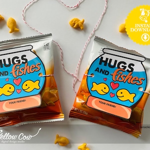 Etiqueta de bocadillo de pez dorado de San Valentín, intercambio de aula de San Valentín, abrazos y peces, bocadillos de pez dorado, tarjeta de San Valentín de pez dorado para niños pequeños, San Valentín de bricolaje