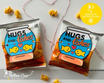 Valentine Goldfish Snack Tag,Valentine Classroom Exchange,Hugs & Fishes,Goldfish Snacks,Little Kids Goldfish Valentine Card,DIY Valentines
