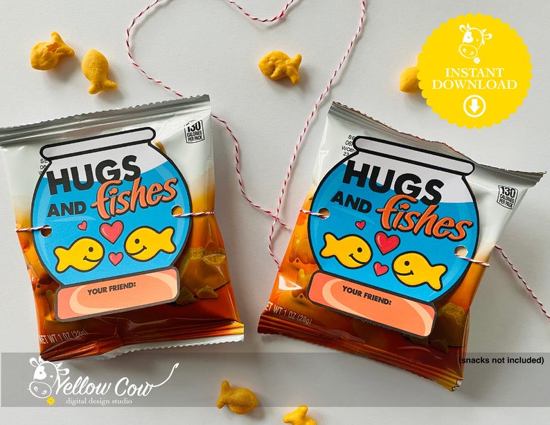 May include: Two printable gift tags featuring a blue fishbowl with the text "Hugs and Fishes" and a space to write "Your Friend:". The tags are printed on white paper and are ready to be cut out and used.