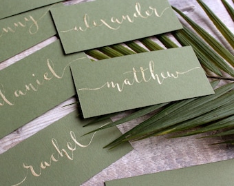 Olive and Gold Calligraphy Wedding Placecards