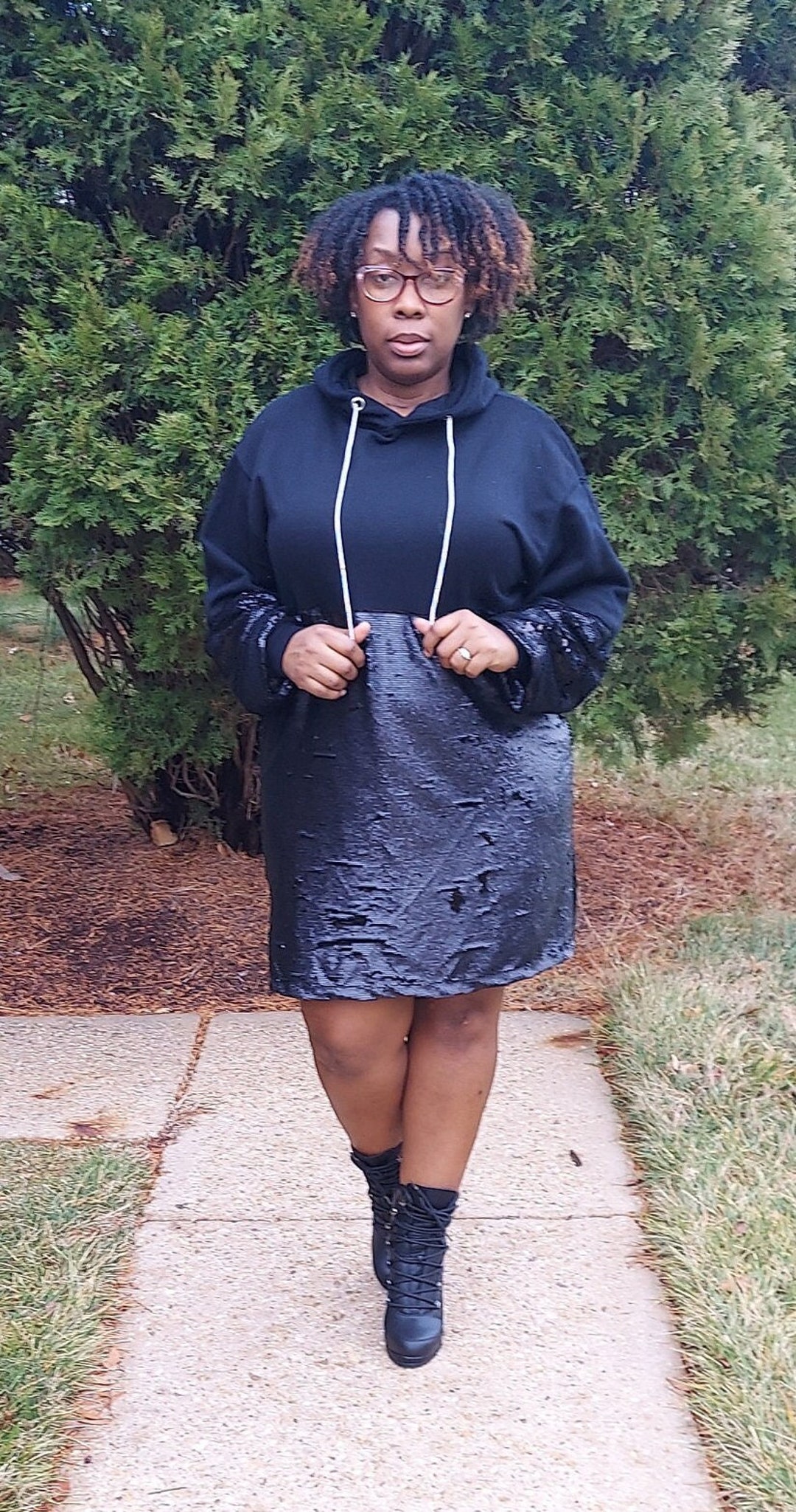 Black Scatter Rhinestone Hoodie Dress main image 1