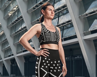 African Print Black and White Mud Cloth design leggings with black waist band
