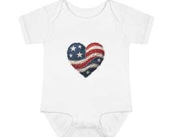 American Flag Heart Infant Bodysuit | Patriotic Baby Onesie, Fourth of July, 250 Years of Freedom