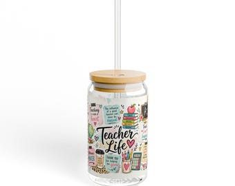 Back to School Teacher Life collage Sipper Glass 16oz | School Teacher Drinkware