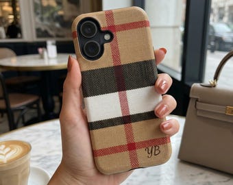 Personalized stripe Phone Case Minimalist Monogram iPhone, Samsung Mag Safe, Plaid Pattern Beige Black Red Check Classic design