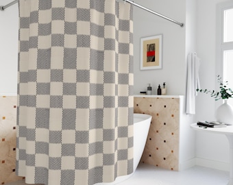 Modern cream, brown geometric shower curtain, clean, minimalist pattern. Neutral background, abstract, grid. Contemporary design bathroom