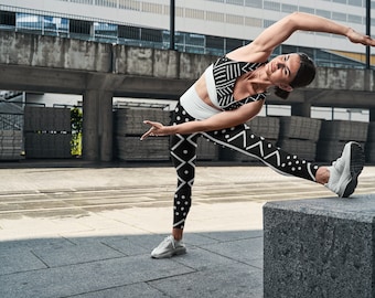 African Print Black and White Mud cloth design sports bra with white band