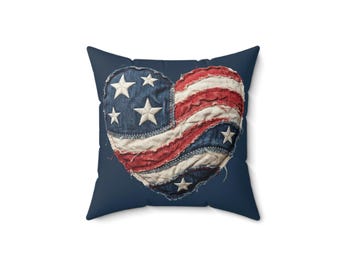 American Flag Heart Pillow Faux Suede Square Pillow | 4th of July Memorial Day