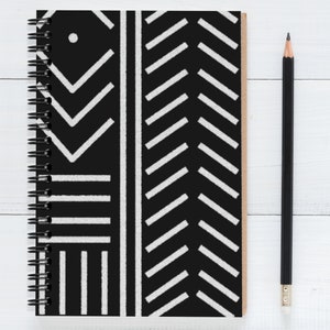 African Print Black and White Mudcloth Design Spiral Journal Notebook Geometric Black Girl Journal for Writing African American Travel Diary