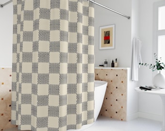 Modern cream, brown geometric shower curtain, clean, minimalist pattern. Neutral background, abstract, grid. Contemporary design bathroom