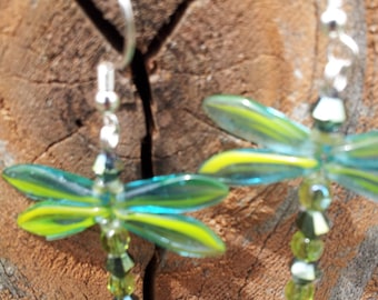 Green Crystal Dragonfly Earrings, Summer Earrings