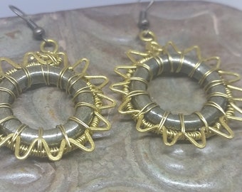 Pyrite Earrings, Sun Earrings, OOAK Earrings, Brass Wire Earrings, Fool's gold Earrings, Women's Jewelry, Unique Earrings,