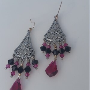 Chandelier Earrings with Black and Fuchsia Crystals, Swarovski Crystal Earrings, Black & Pink Earrings, Women&#39;s Jewelry, Women&#39;s Earrings