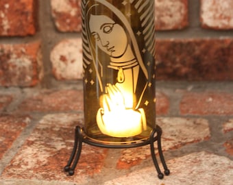 Our Lady of Guadalupe Lantern Up-Cycled Wine Bottle (Stand & Candle Included)