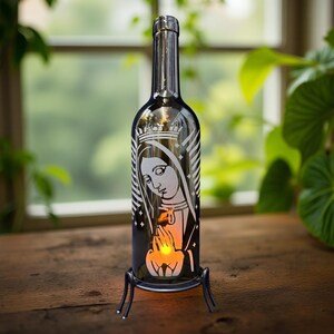 Our Lady of Guadalupe Lantern Up-Cycled Wine Bottle (Stand & Candle Included)