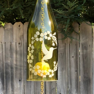 Hummingbird Flower Moon Wine Bottle Wind Chime - Reduce Reuse Recycle Upcycle Patio Decor Windchime Glass Art Handmade Birding Nature