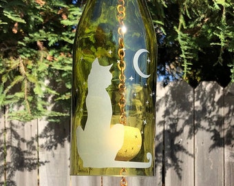 Yellow Cat Stars Moon Wind Chime Up-Cycled Wine Bottle