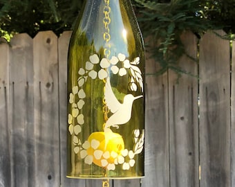 Hummingbird Flower Moon Wine Bottle Wind Chime - Reduce Reuse Recycle Upcycle Patio Decor Windchime Glass Art Handmade Birding Nature