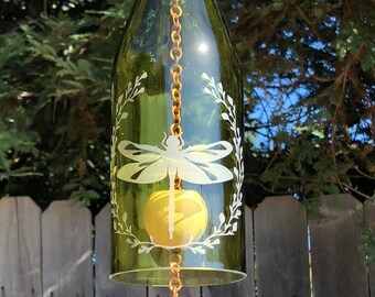 Dragonfly Wine Bottle Windchime - Outdoor Glass Etching House Warming Patio Summer Wedding Bottles Upcycle