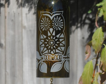 Sun Burst Owl Wind Chime Up-Cycled Wine Bottle