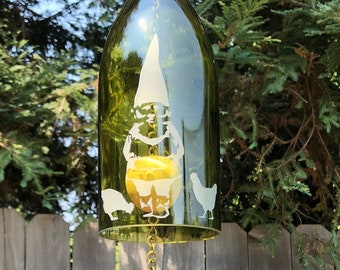 Gnome of the Garden Chickens Wine Bottle Windchime - Glass Bottle Wine Personalized Eco Chimes Windcatcher Repurposed Chime Lucky Nature
