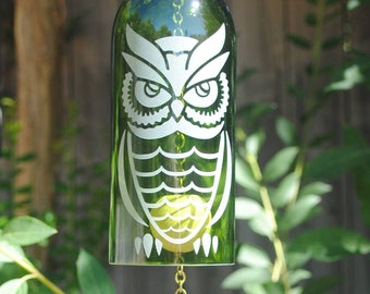 Ocean Owl Wine Bottle Windchime - Chime Repurposed Windcatcher Bottle Etching Rememberance Wedding Shower Outdoor Decor