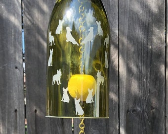 Heart French Bull Dog Heart Wine Bottle Wind Chime - Personalized Cut Bottle Wedding Re-purposed Outdoor Remembrance Up-cycle Love