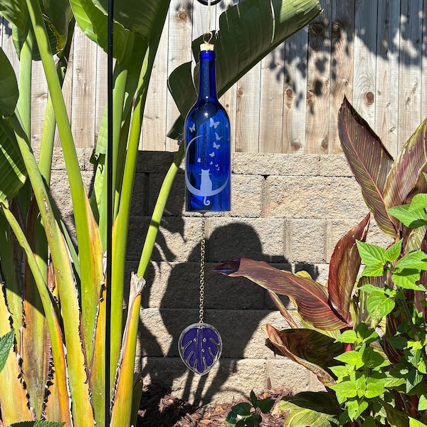 Blue Cat Moon Butterfly Wind Chime Up-Cycled Wine Bottle