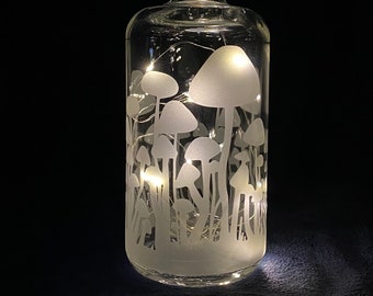 Mushrooms Fairy Light Recycled Bottle (Cork Light Included) - Sparkle Night Light, Magical, Etching, Twinkle Lantern, Lamp