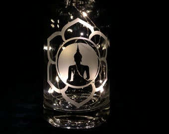 Buddha Lotus Fairy Light Bottle (Cork Light Included) - Sparkle Night Light, Magical Glittering, Etching, Twinkle Lantern, Bottle Lamp