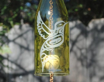 Hummingbird Tribal Wind Chime Up-Cycled Wine Bottle