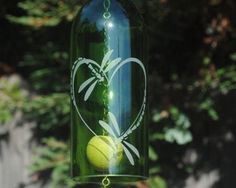 Dragonfly Heart Wine Bottle Windchime - Outdoor Glass Etching House Warming Patio Summer Wedding Bottles Upcycle Eco Friendly Upcycle