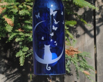 Cat Moon Butterfly Wind Chime Up-Cycled Wine Bottle