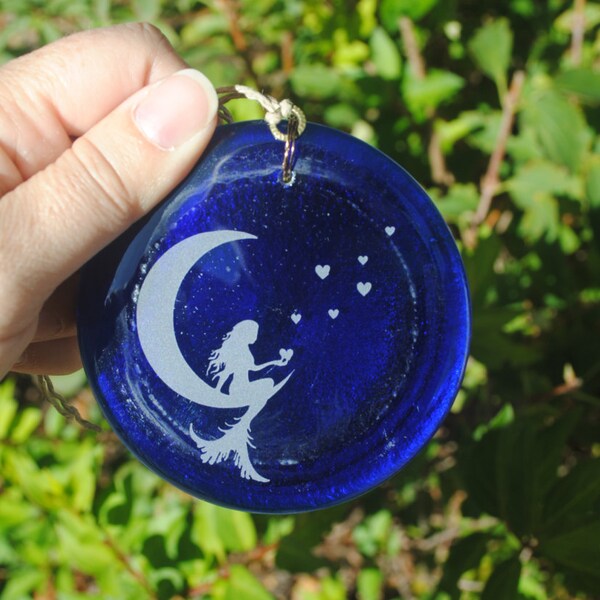 Blue Mermaid Heart Moon Recycled Wine Bottle Sun Catcher Ornament - Charm, Upcycle Recycle Repurpose, Melted Wine Bottle, Pendent, Christmas