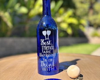 Upcycled Wine Bottle Wind Chime, Etched Friends Gift