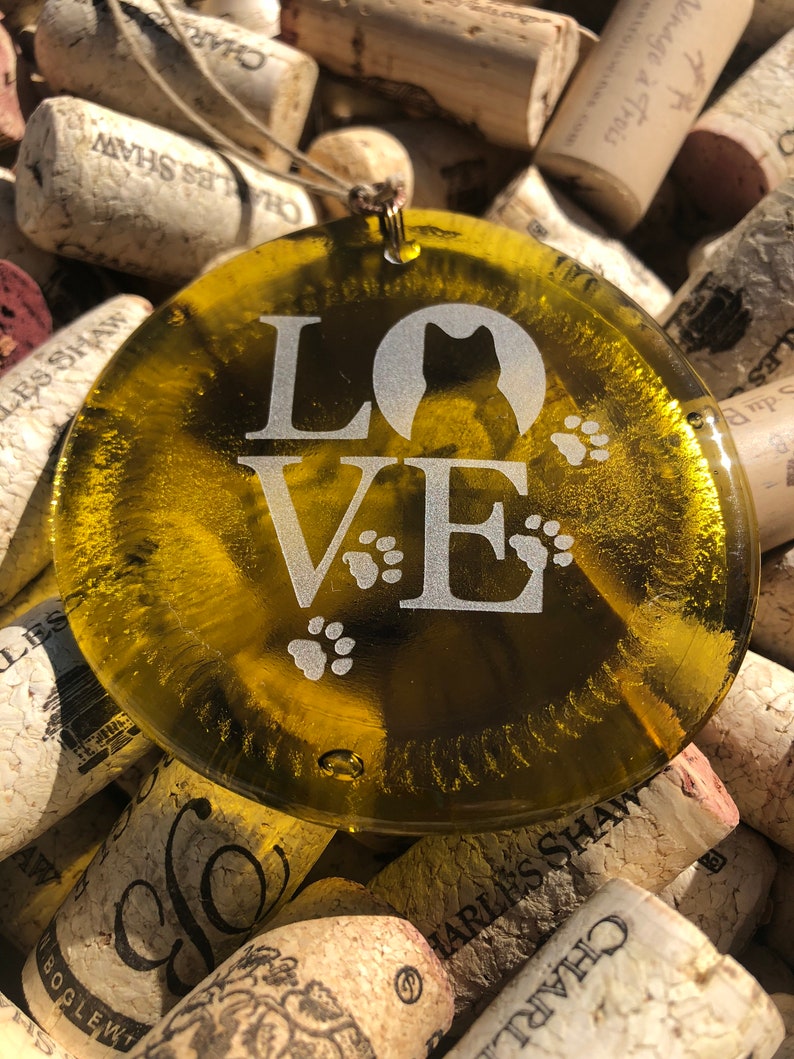 Melted Bottle Bottom Christmas Yellow Cat Love Recycled Wine Bottle Sun Catcher Ornament Charm Upcycle Recycle Pendent