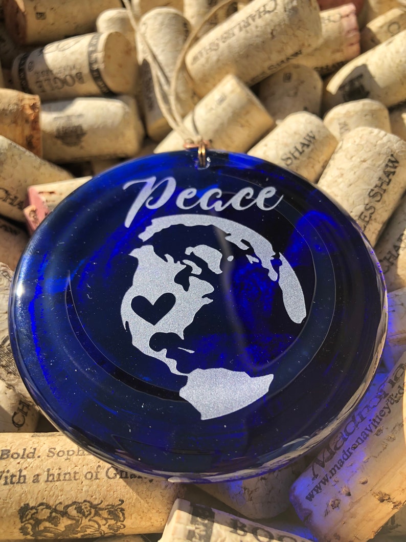 Melted Wine Bottle Upcycle Recycle Charm Christmas Pendent Blue Peace Earth Heart Recycled Wine Bottle Sun Catcher Ornament