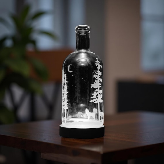 Etched Forest Wolves Recycled Bottle Lamp: Fairy Lights Night Light