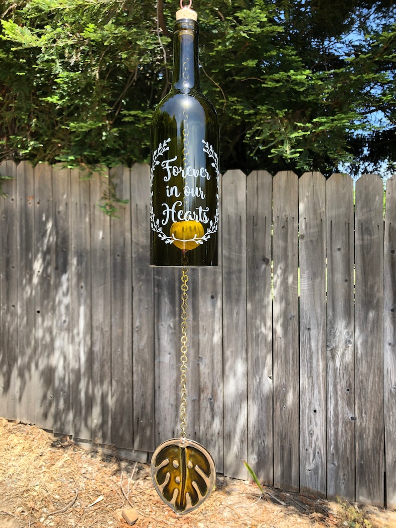 Mourning Forever in our Hearts Wine Bottle Wind Chime Celebration of Life Up-Cycled Grief Eco Friendly In Loving Memory