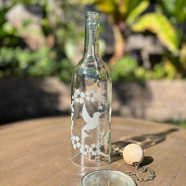 Hummingbird Flower Moon Wind Chime Made from Upcycled Wine Bottle