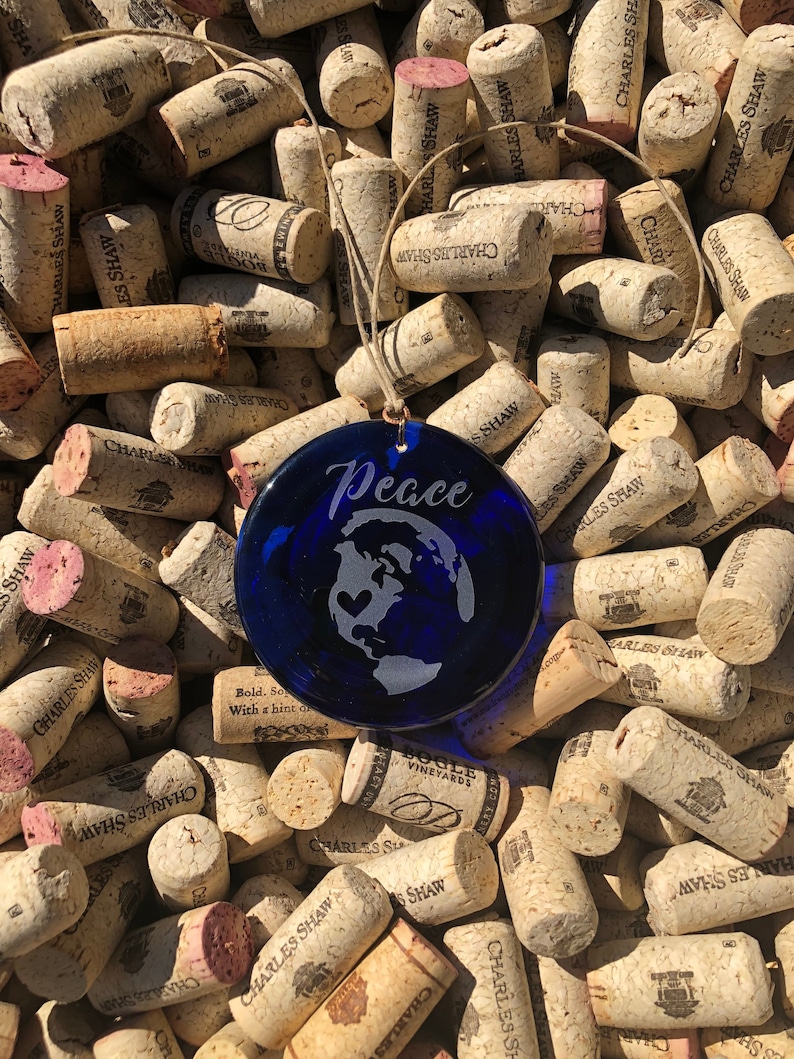 Melted Wine Bottle Upcycle Recycle Charm Christmas Pendent Blue Peace Earth Heart Recycled Wine Bottle Sun Catcher Ornament