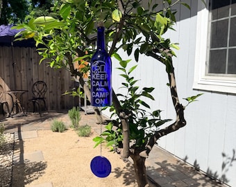 Keep Calm and Camp On Wind Chime Made from Upcycled Wine Bottle