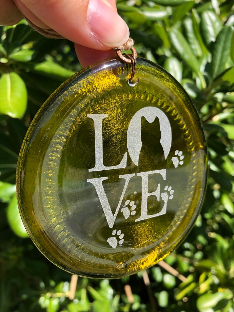 Melted Bottle Bottom Christmas Yellow Cat Love Recycled Wine Bottle Sun Catcher Ornament Charm Upcycle Recycle Pendent